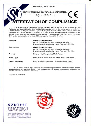 CE CERTIFICATE of MICROWAVE SINTERING FURNANCE certificate from Synotherm Ltd.