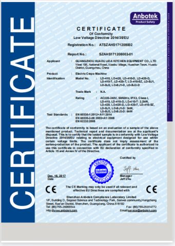 certificate of conformity certificate from Guangzhou Lida Kitchen Equipment Co., Ltd.