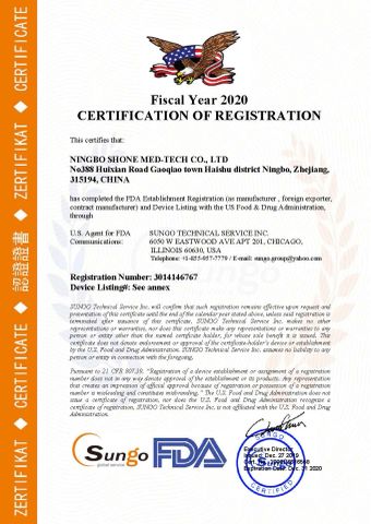 FDA certificate from Ningbo Shone Med-Tech Co., Ltd.