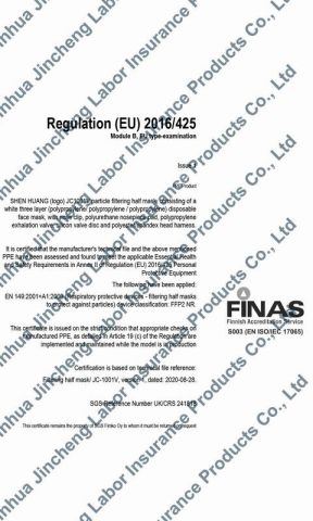 CE EN149:FFP2 JC-1001V certificate from Jinhua Toper Safety Equipment Co., Ltd.