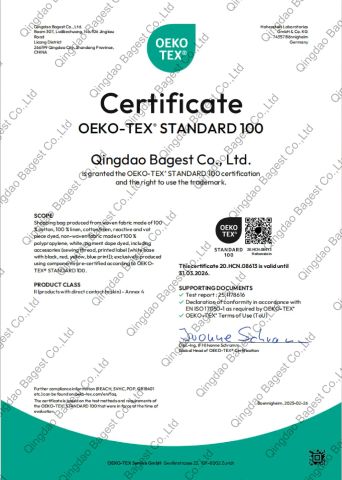 Oeko-tex 100 for non woven and cotton certificate from Qingdao Bagest Co., Ltd.