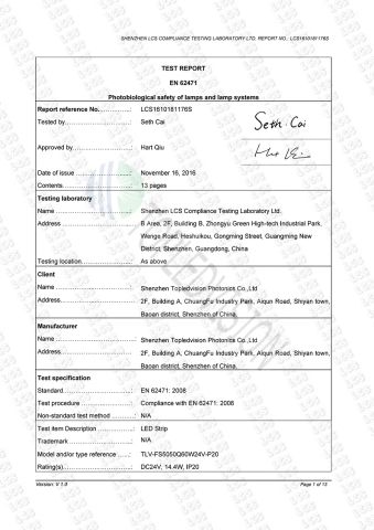 EN62471 Biological Safety 5050 Strip certificate of Shenzhen Topledvision Lighting Co., Ltd. – certificate photo, supplier certificates section