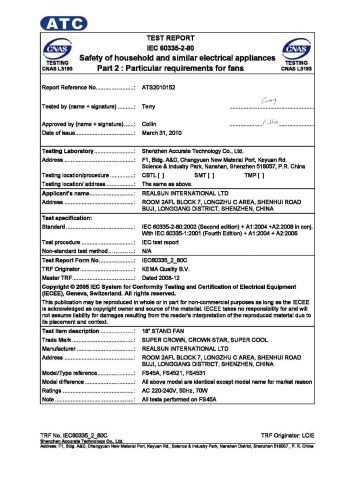 Iec Test Report for Fan certificate from ZHONGSHAN DOUBLE CROWN ELECTRICAL APPLIANCE CO., LIMITED