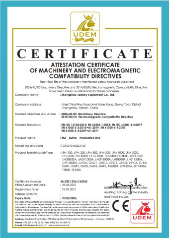 CE certificate from Zhengzhou Jan Key Equipment Co. Ltd