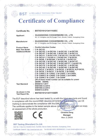 CE certificate of Guangdong Cookermore CO., Ltd – certificate photo, supplier certificates section