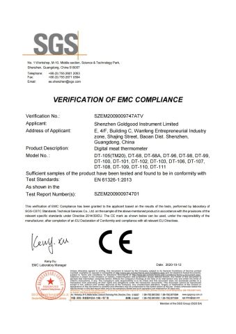 CE certificate of digital meat thermometer certificate from Shenzhen Goldgood Instrument Limited
