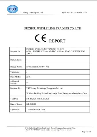 Reflex straps/Reflective belt certificate from Fuzhou Whole Line Trading Co., Ltd.