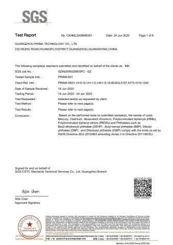 SGS RoHS certificate for INK certificate of Guangzhou Prima Technology Co., Ltd. – certificate photo, supplier certificates section