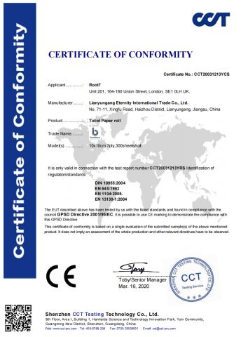 CE certificate for Bamboo Toilet paper certificate from Lianyungang Eternity International Trading Co., Ltd.
