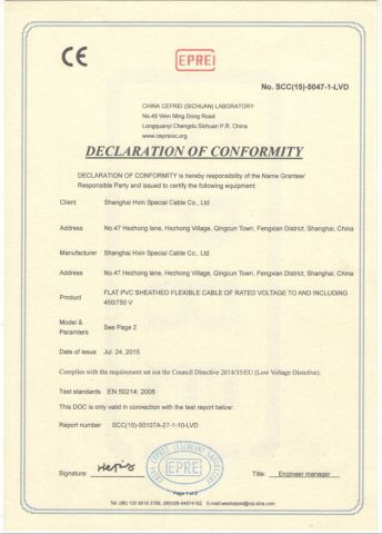 CE FLAT PVC SHEATHED FLEXIBLE CABLE certificate from Lanka Industrial Automation (Shanghai) Co., Ltd.