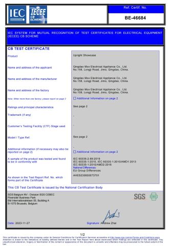 CB certificate of Qingdao Mox Electrical Appliance Co., Ltd – certificate photo, supplier certificates section