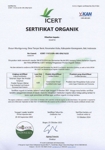 Organic certificate from PT Myra Berkat Nusantara