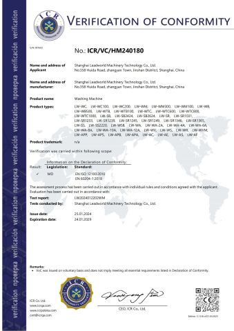 CE-washing machine certificate from Shanghai Leadworld Machinery Technology Co., Ltd.
