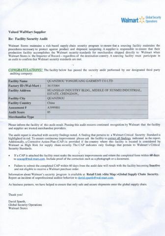 Walmart audited certificate from Xiamen Crownway Apparel Co., Ltd.
