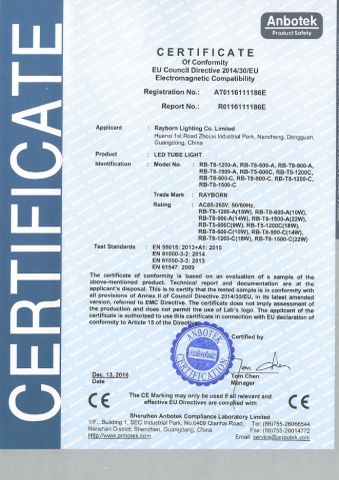 LED TUBE EMC certificate from Rayborn Lighting Industry Co., Ltd.