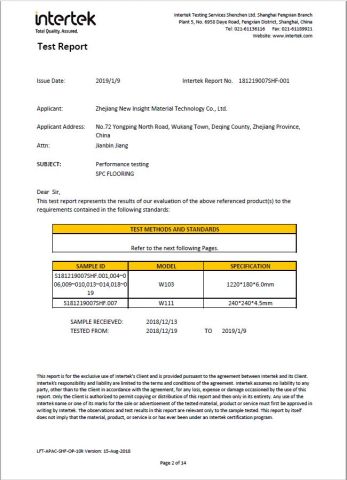 Intertek SPC Flooring certificate of Zhejiang New Insight Wood Composite Co., Ltd – certificate photo, supplier certificates section
