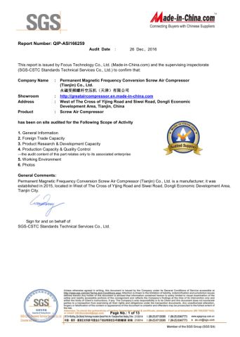 SGS Certificate certificate from Tianjin Great Air Compressor Co., Ltd.
