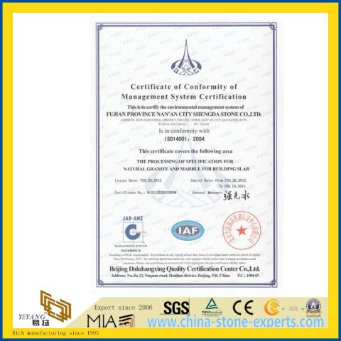 Type of Certification: ISO14001-2004 from yeyang stone factory certificate from Xiamen Yeyang Import & Export Co., Ltd.