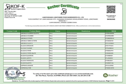 Kosher certificate from Lianyungang Zhonghong Chemical Co., Ltd.