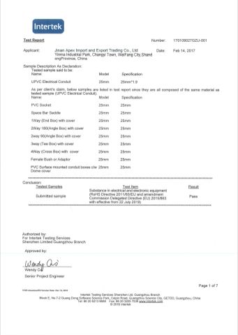 Intertek certificate from Jinan Apex Import and Export Trading Co., Ltd