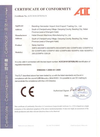 CE certificate from Baoding Harvest Import and Export Trading Co., Ltd.