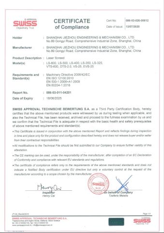 CE certificate from Shanghai Jiezhou Engineering & Mechanism Co., Ltd.