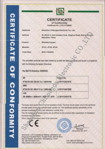 CE Certificate for Wireless Keypad in 2012 certificate from Shenzhen Chitongda Electronic Co., Ltd.