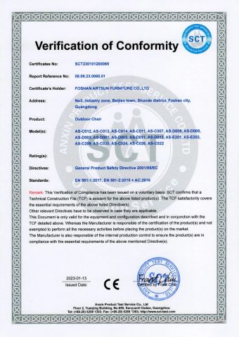 CE certificate of Foshan Artsun Furniture Co., Ltd. – certificate photo, supplier certificates section