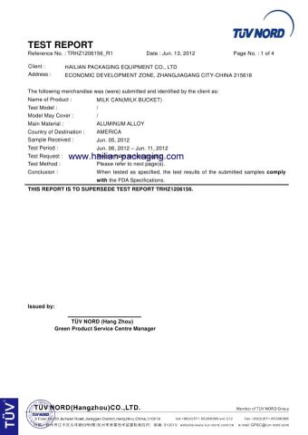 FDA certifictae for Aluminum Milk Can certificate of Chuangpu Animal Husbandry Technology (Suzhou) Co., Ltd. – certificate photo, supplier certificates section