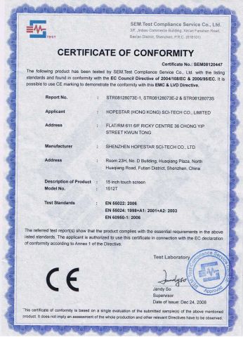 CE of 15" Touch Screen LCD Monitor certificate from Shenzhen Hopestar Sci-Tech Co., Ltd.