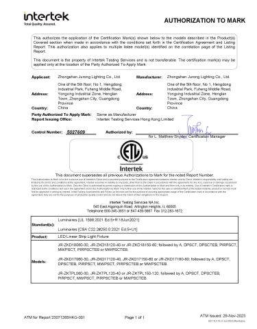 ETL Certificate certificate from Zhongshan Jurong Lighting company limited