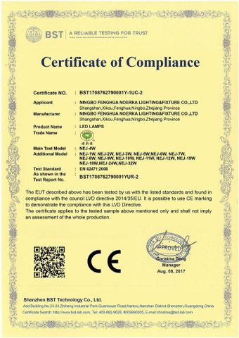 CE FOR LED LAMP certificate of Ningbo Fenghua Noerka Lighting & Fixture Co., Ltd. – certificate photo, supplier certificates section
