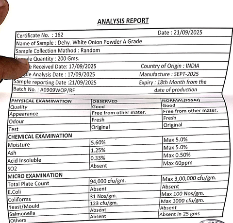 Dehydrated White Onion Powder certificate from Mydas Global