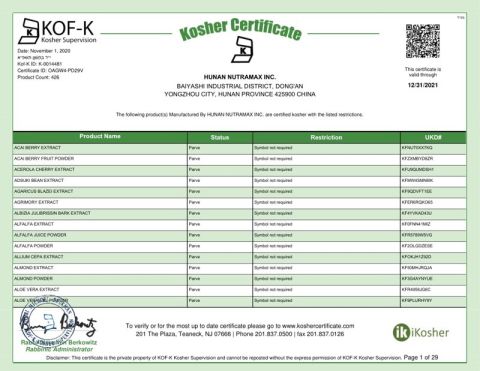 KOSHER certificate from Hunan Nutramax Inc.