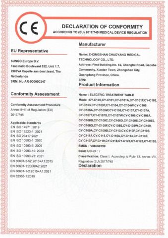 DOC--ELECTRIC TREATMENT TABLE certificate from Zhongshan Chaoyang Medical Technology Co., Ltd.