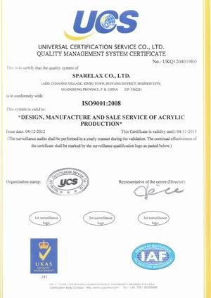 ISO9001:2008 certificate from Sparelax Co., Ltd.