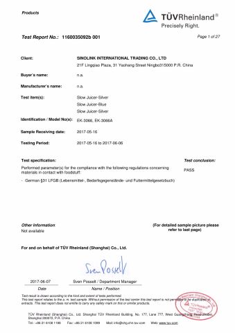 LFGB Certificate certificate from Ningbo Sinolink Appliance Co., Ltd.