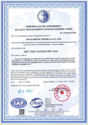 ISO 9001 certificate from Jinan Refine Chemical Co., Ltd.