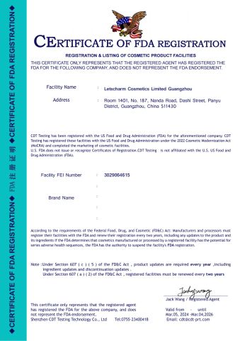 FDA certificate from Letscharm Cosmetics Limited Guangzhou