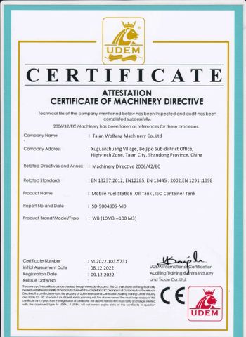 CE certificate from Taian WoBang Machinery Co., Ltd.