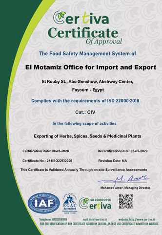 ISO 22000 :2018 certificate from Elmotmiz Herbs