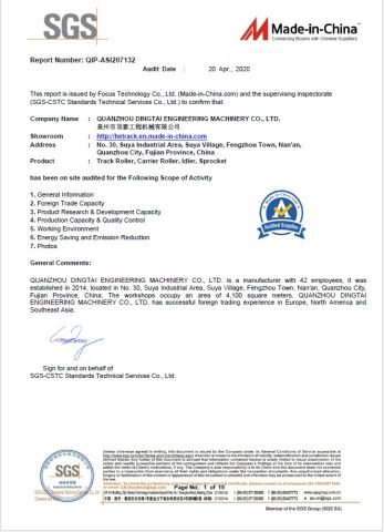 SGS CERTIFICATION certificate from QUANZHOU DINGTAI ENGINEERING MACHINERY CO., LTD.