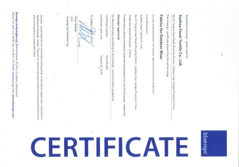 BLUESIGN certificate from Xiamen Crownway Apparel Co., Ltd.