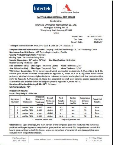 LandVac Vacuum insulated glass ANSI Test Report certificate from Luoyang LandGlass Technology Co., Ltd.