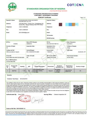 SONCAP Certificate certificate from Zhangjiagang Eceng Machinery Co., Ltd.