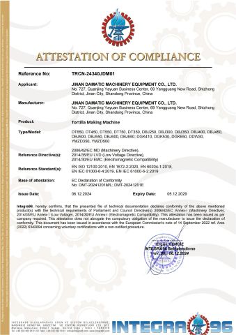 CE certificate from Jinan Damatic Machinery Equipment Co., Ltd.