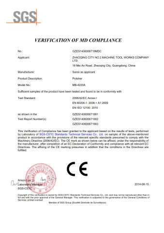 MB4200-A Polisher certificate of Zhaoqing City No. 2 Machine Tool Works Company Ltd. – certificate photo, supplier certificates section