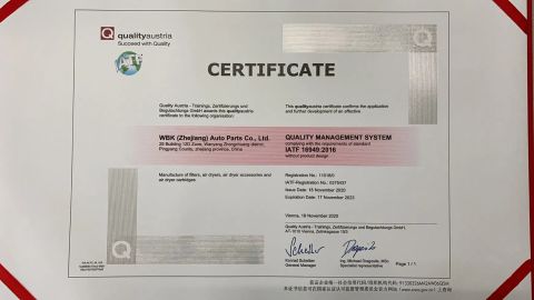 IATF 16949 2016 certificate from ZHEJIANG WBK TECHNOLOGY CO., LTD.