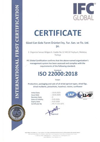 ISO 22000 CERTIFICATE certificate from GUZEL CAN GIDA TARIM URUNLERI INS.TUR.SAN.TIC.VE.LTD.STI