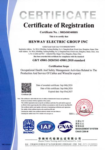 ISO45001 certificate of Henway Electric Group Inc – certificate photo, supplier certificates section
